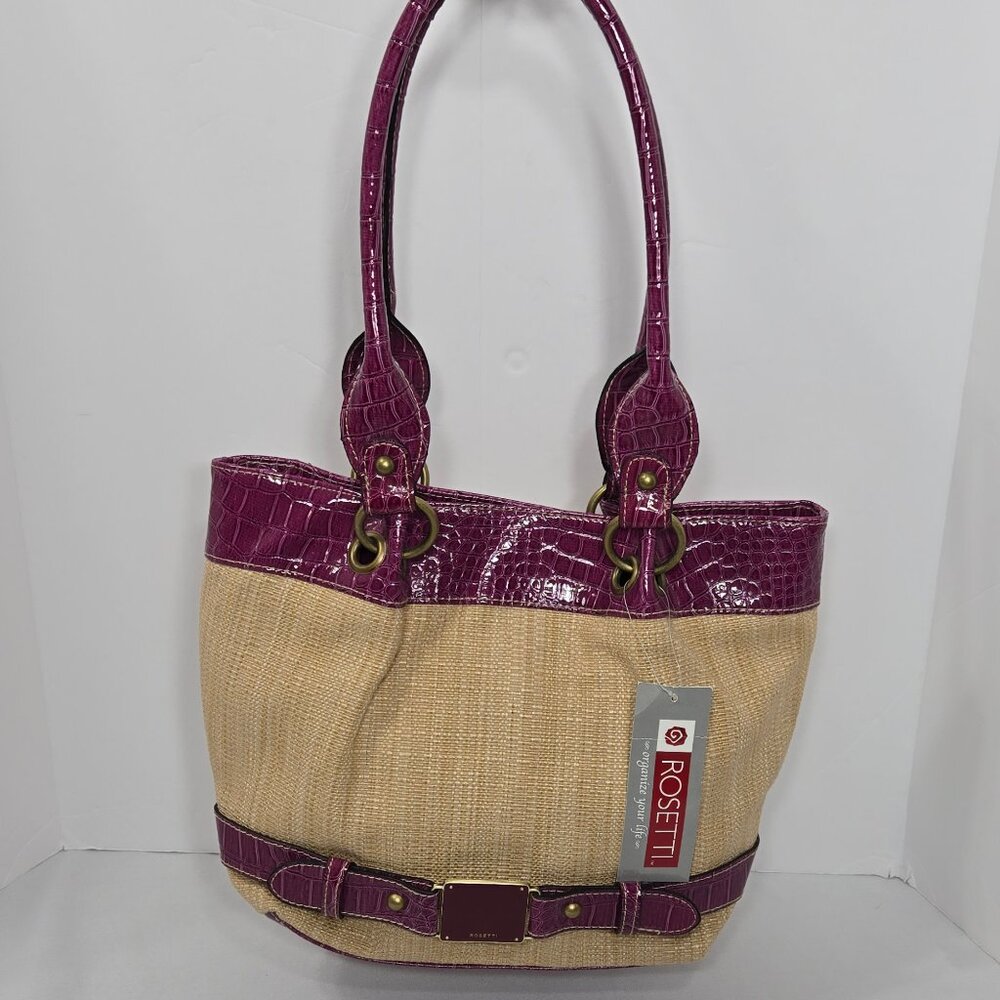 Rosetti Tan Faux Straw weave Hot Pink Patent Leather Shoulder Bag Retail $49 NWT